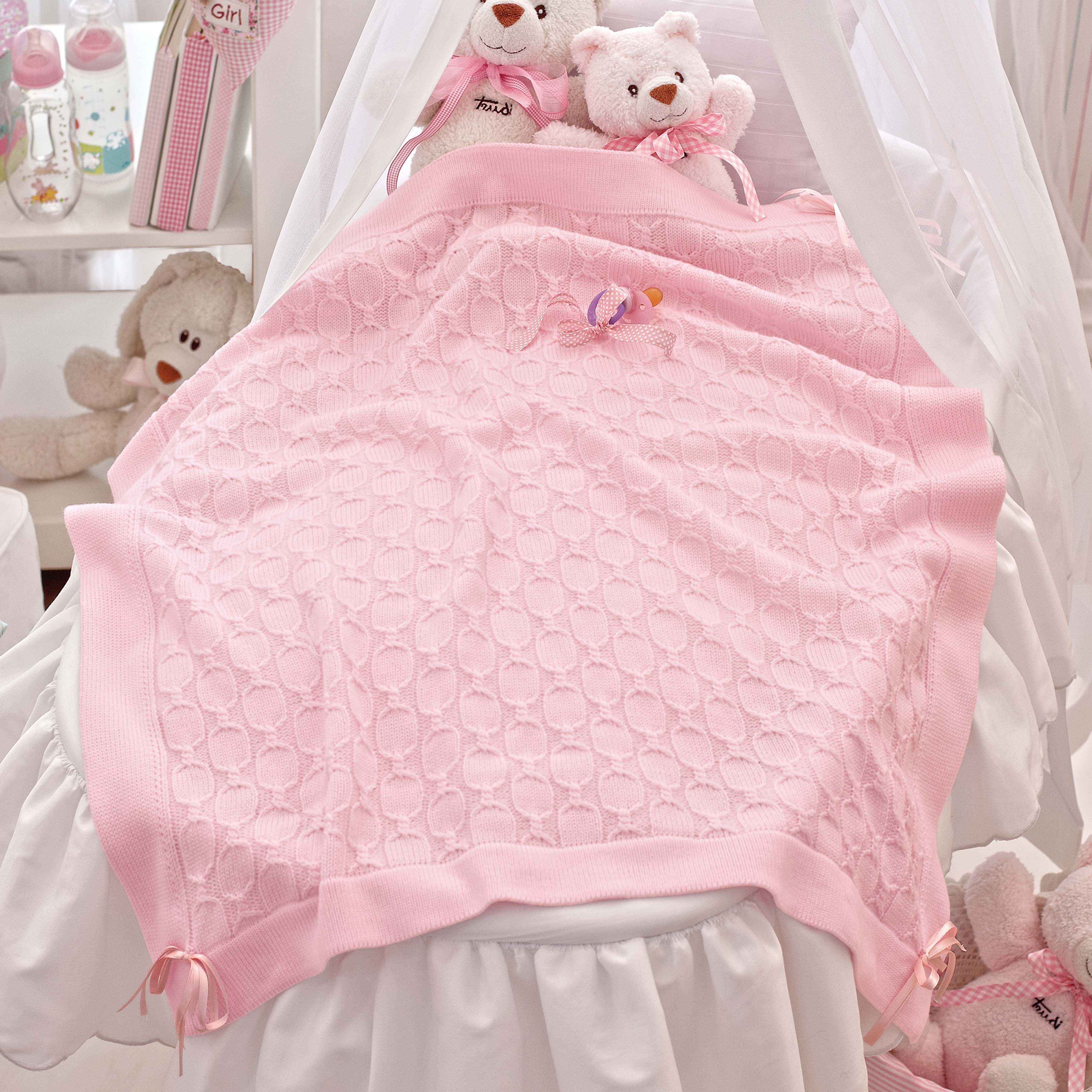 Copertina culla in pura lana rosa lavorazione catene