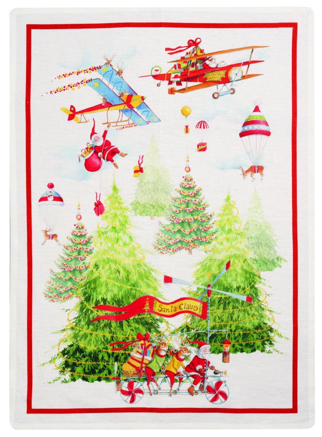 Strofinaccio natalizio in lino stampa mongolfiere cornice rossa