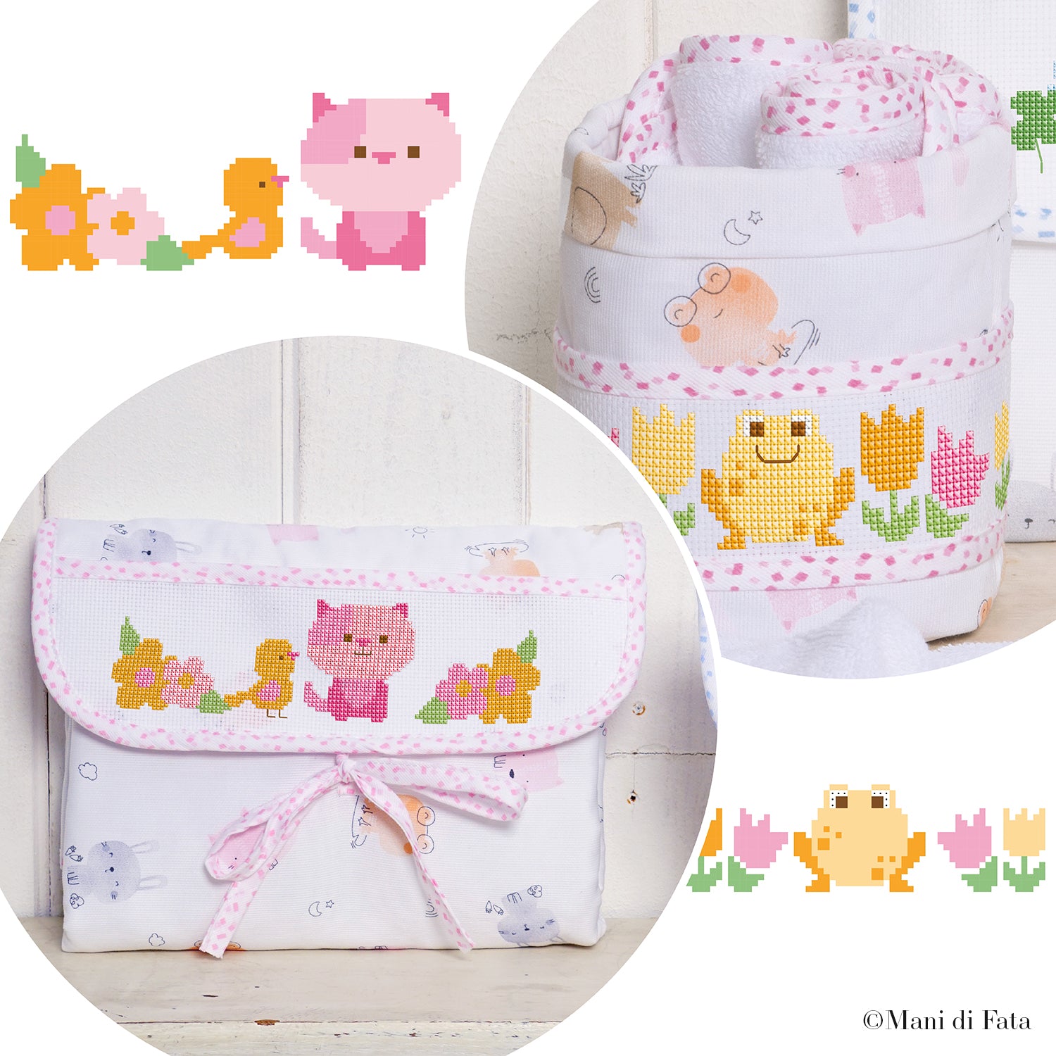 Kit busta fasciatoio e porta lavette rosa con animaletti da ricamare a punto croce