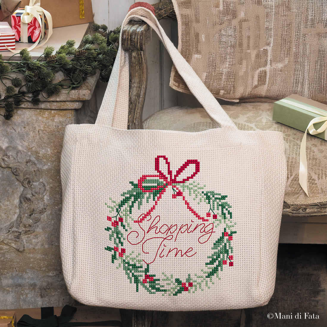 Kit bag natalizia ricamo punto croce Ghirlanda