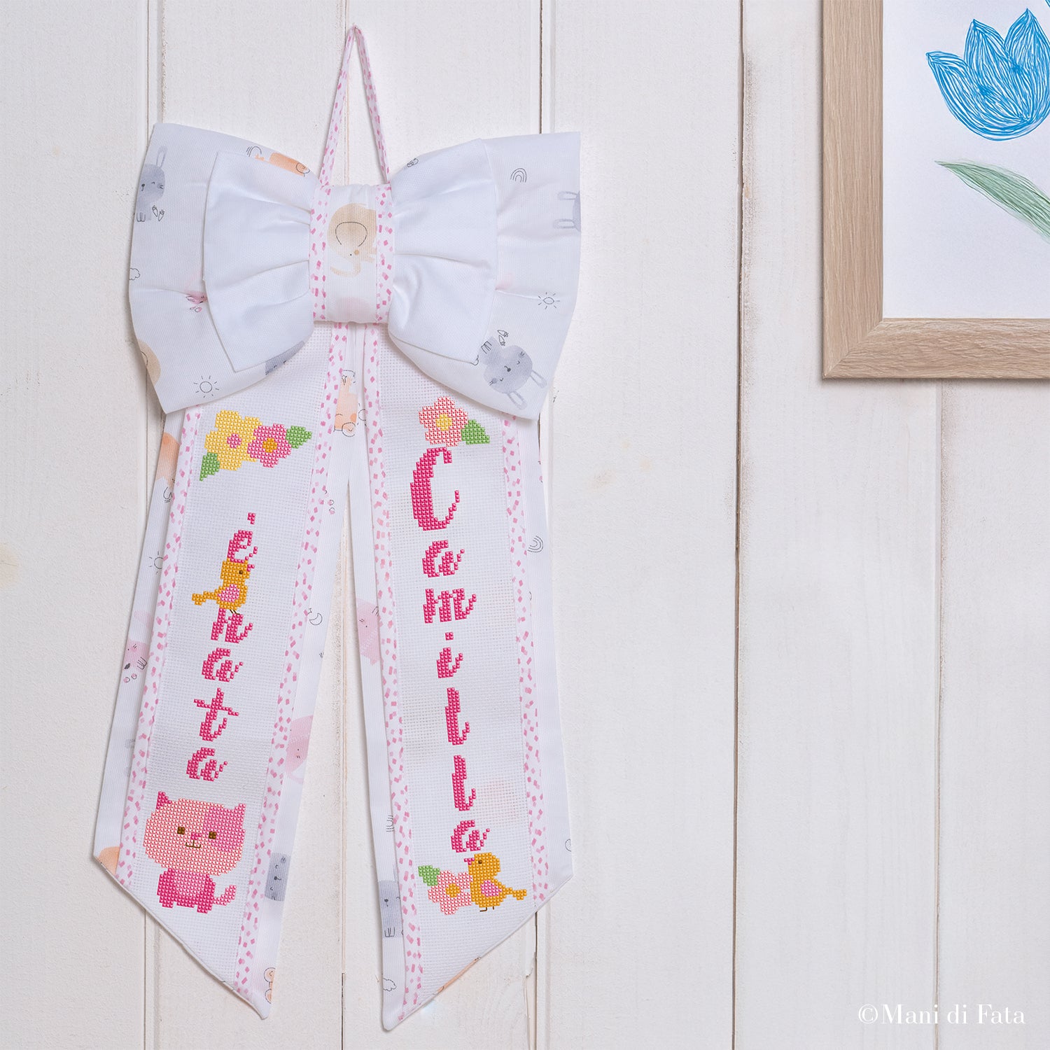 Kit fiocco nascita rosa con motivo animaletti e tela aida da ricamare a punto croce