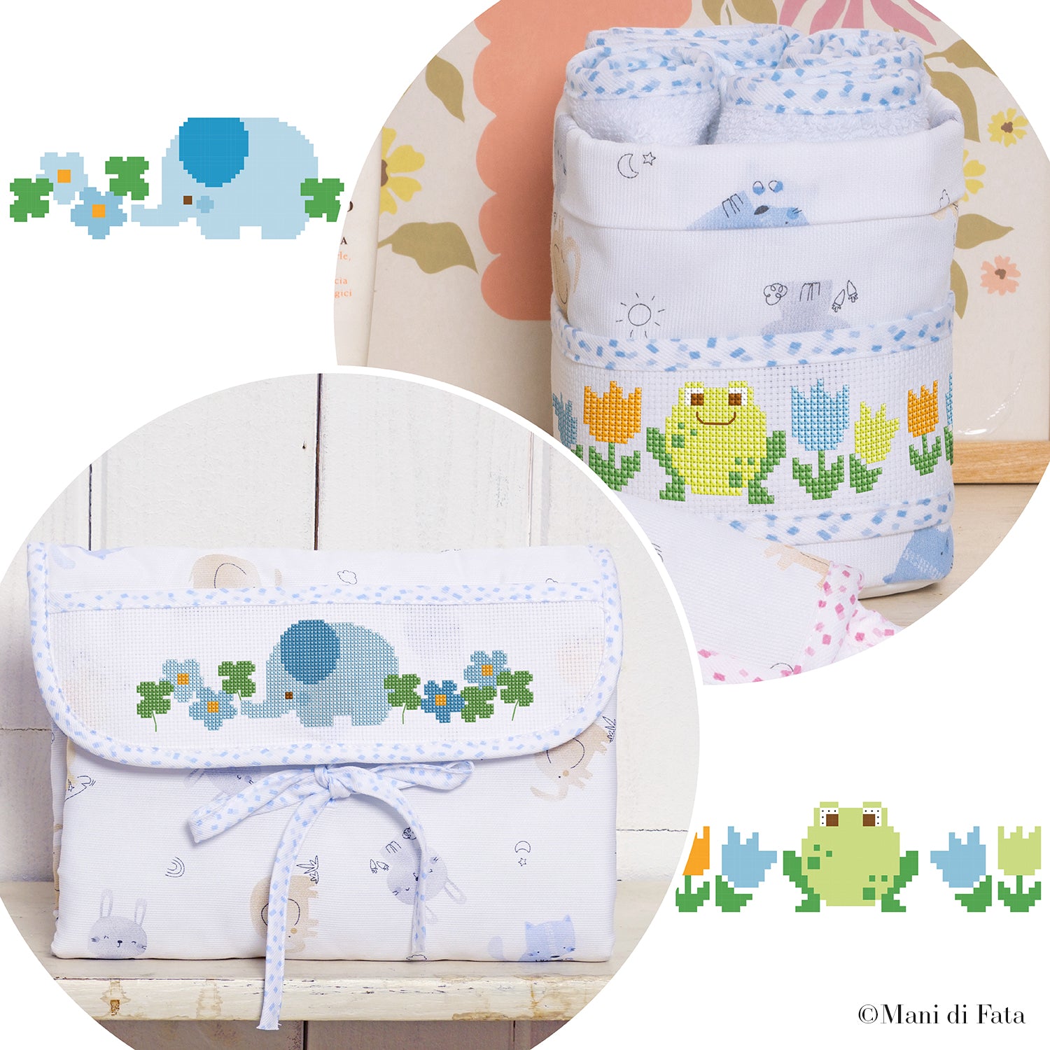 Kit busta fasciatoio e porta lavette azzurri con animaletti da ricamare a punto croce