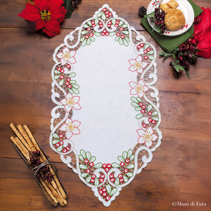 Kit centro natalizio in misto lino intaglio Vischio e bacche