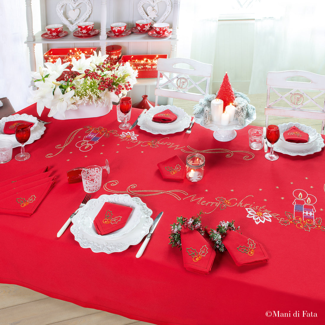 Kit tovaglia rossa disegnata "Merry Christmas" per 8 persone