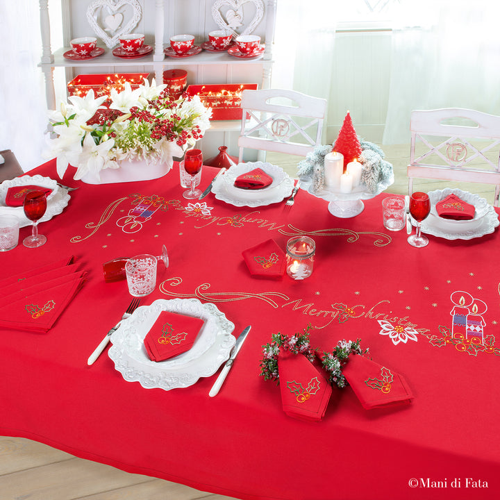 Kit tovaglia rossa disegnata "Merry Christmas" per 8 persone