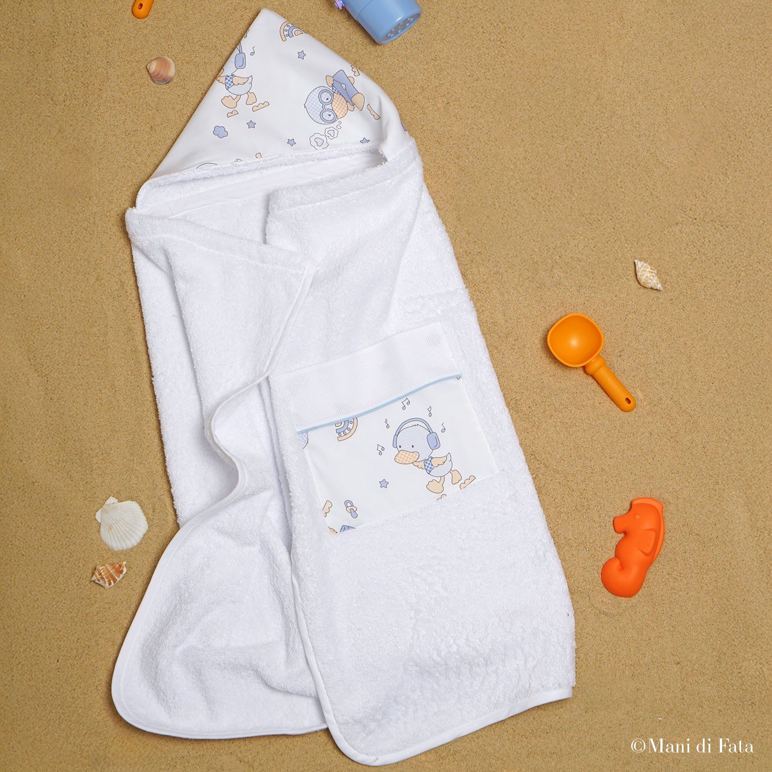 Accappatoio baby c/cappuccio da ricamare fantasia celeste 'Paperotti'