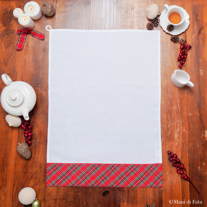 Asciugapiatti scozzese in misto lino ricamo a punti vari