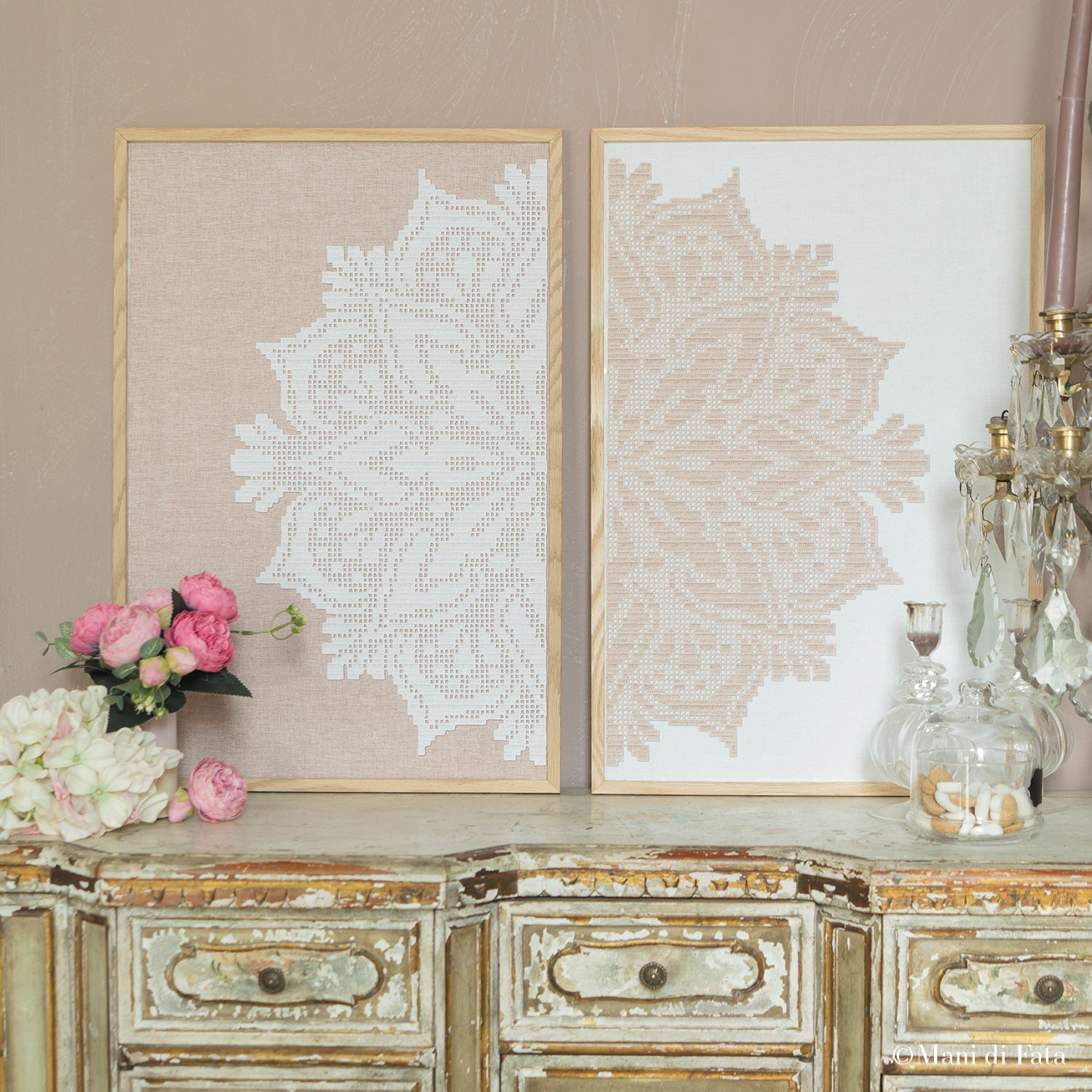 Kit coppia di quadri motivo mandala con applicazione a uncinetto  filet