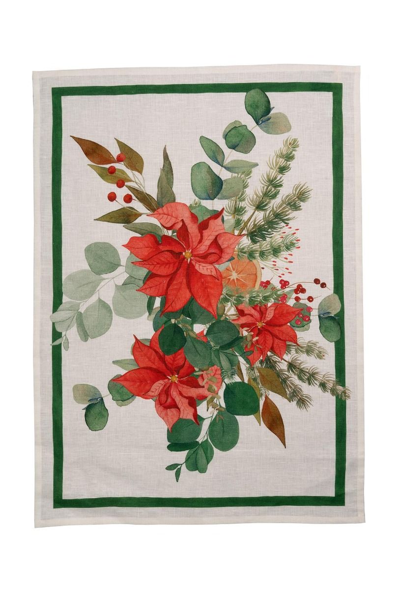 Strofinaccio in lino stampa fiori natalizi cornice verde