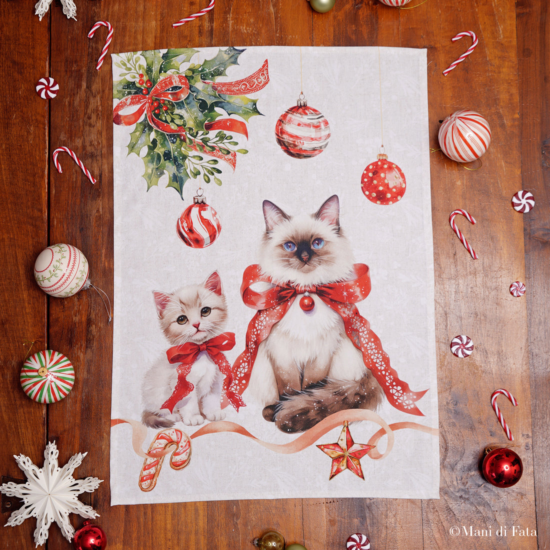 Asciugapiatti natalizio in cotone Gatti e ghirlande