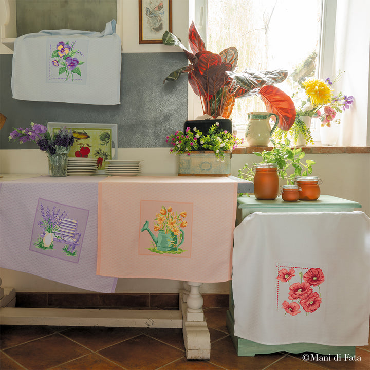 Kit asciugapiatti in cotone jacquard rosa da ricamare a punto croce con annaffiatoio