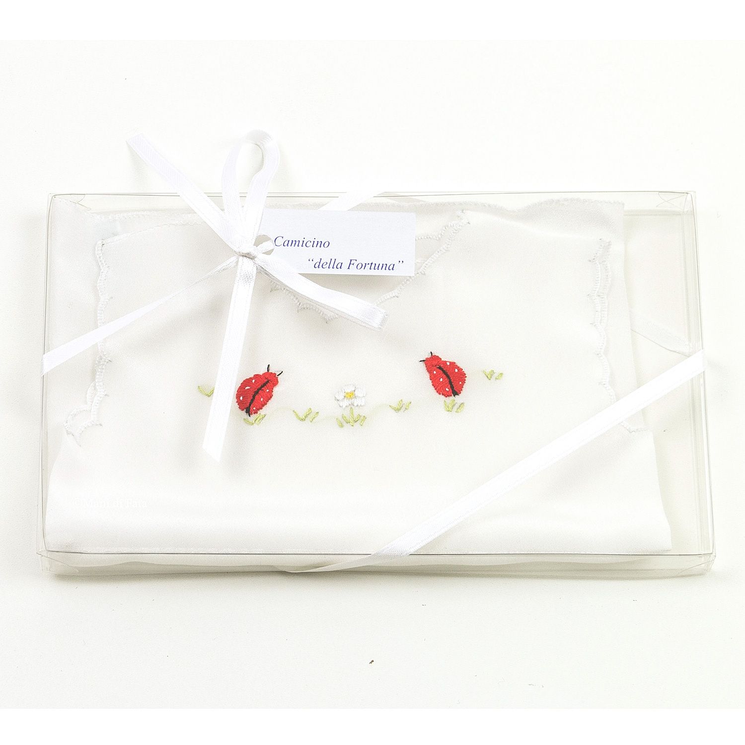 Camicino in seta ricamato a mano coccinelle