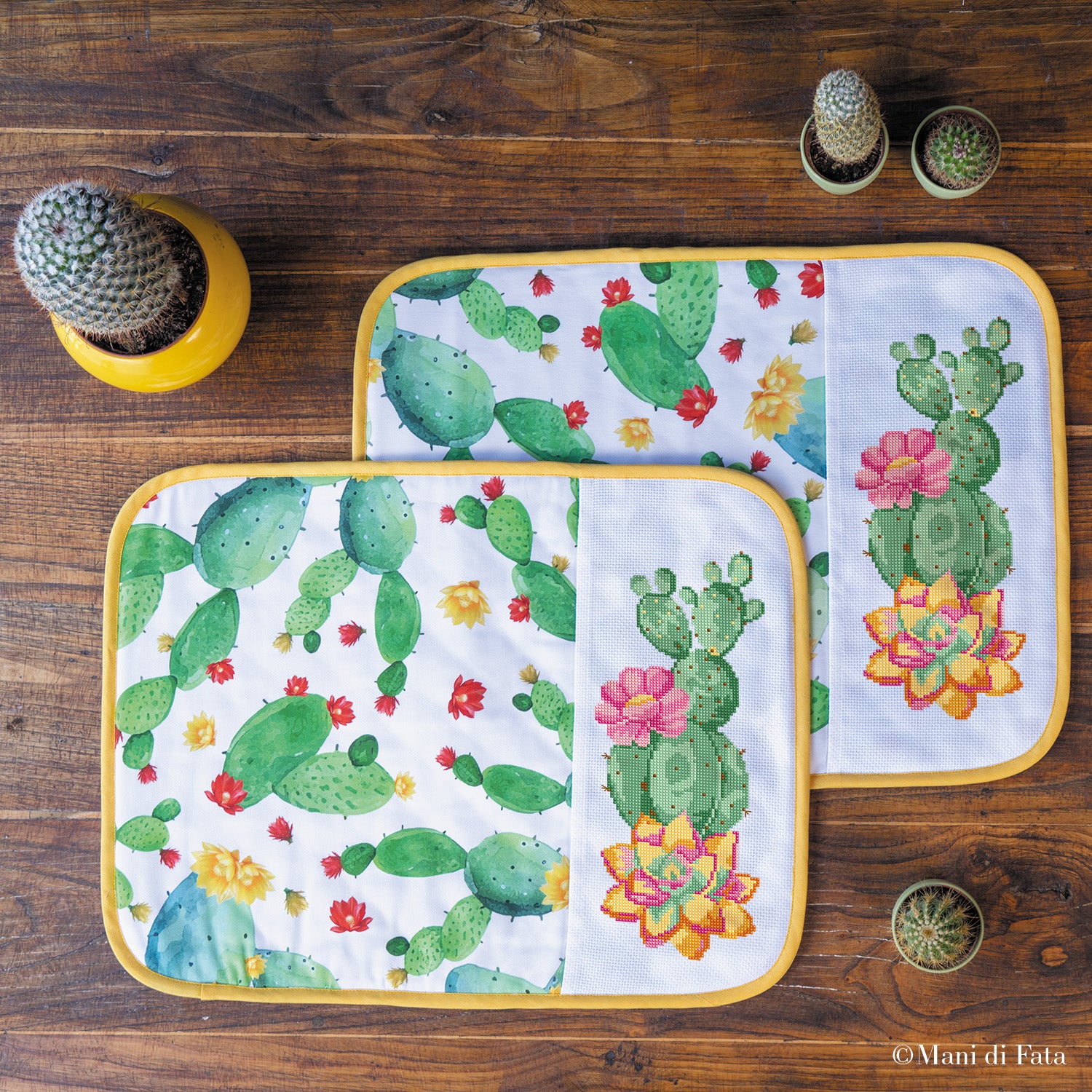 Kit coppia di americani fantasia cactus da ricamare a punto croce con vasetti e cactus fioriti