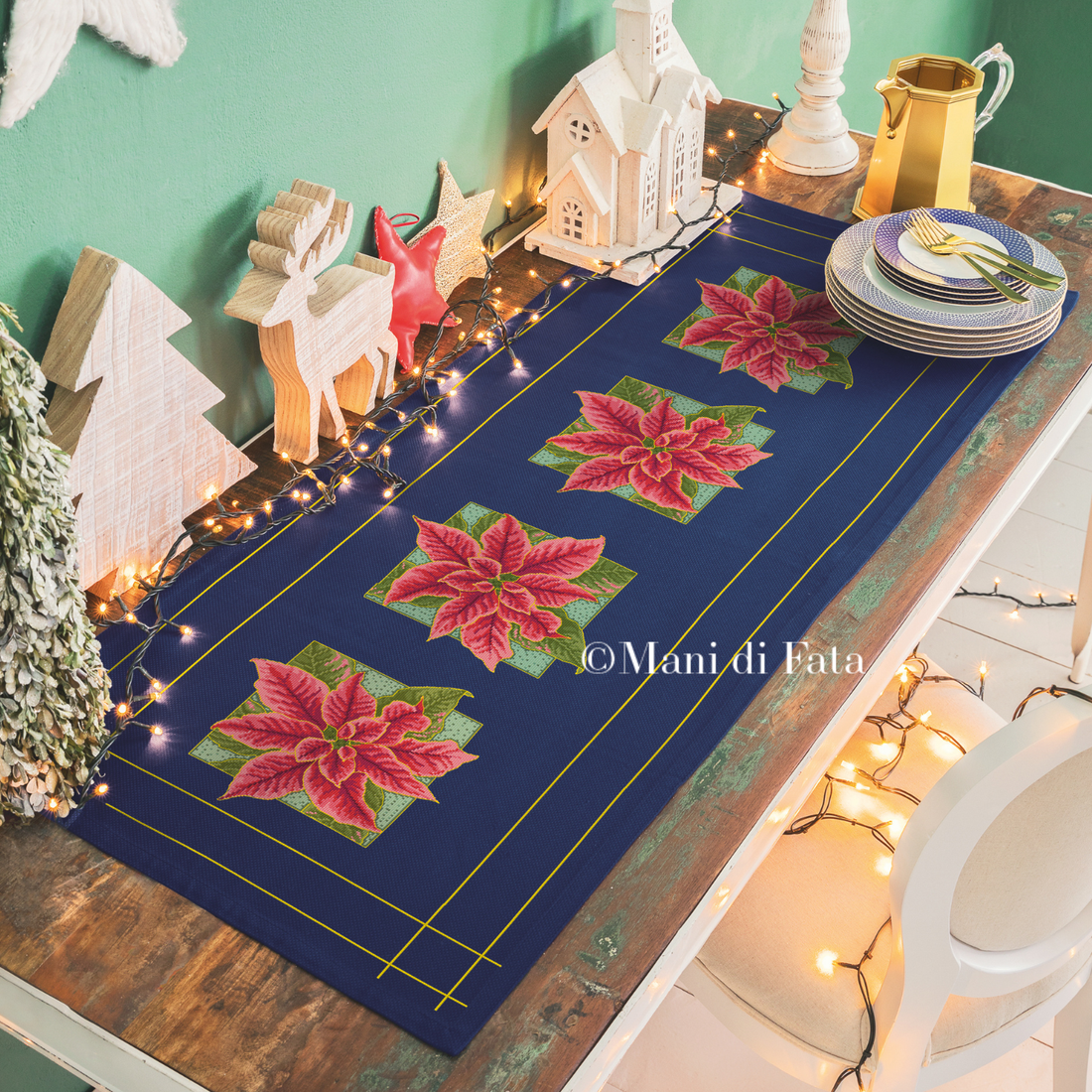 Kit runner blu natalizio Stelle cornice oro