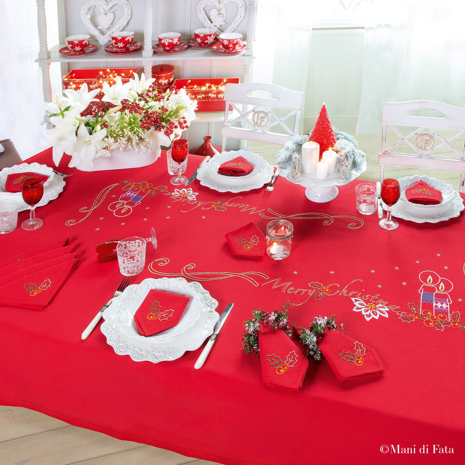 Kit tovaglia rossa disegnata "Merry Christmas" per 12 persone