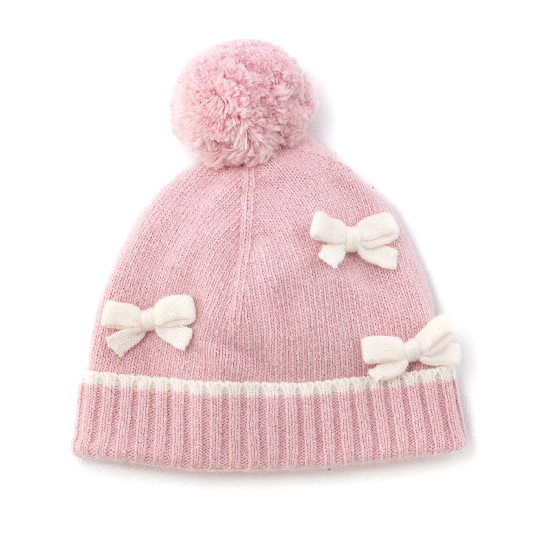 Cappellino in lana rosa fiocchetti e pompon