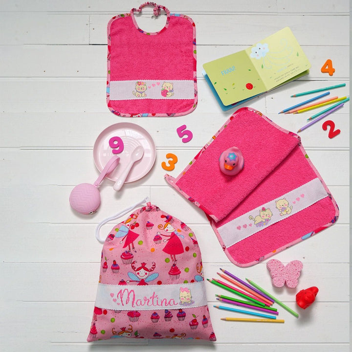 Kit set asilo fucsia a punto croce 'Micio'