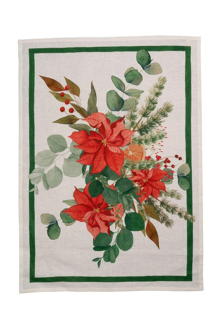 Strofinaccio in lino stampa fiori natalizi cornice verde