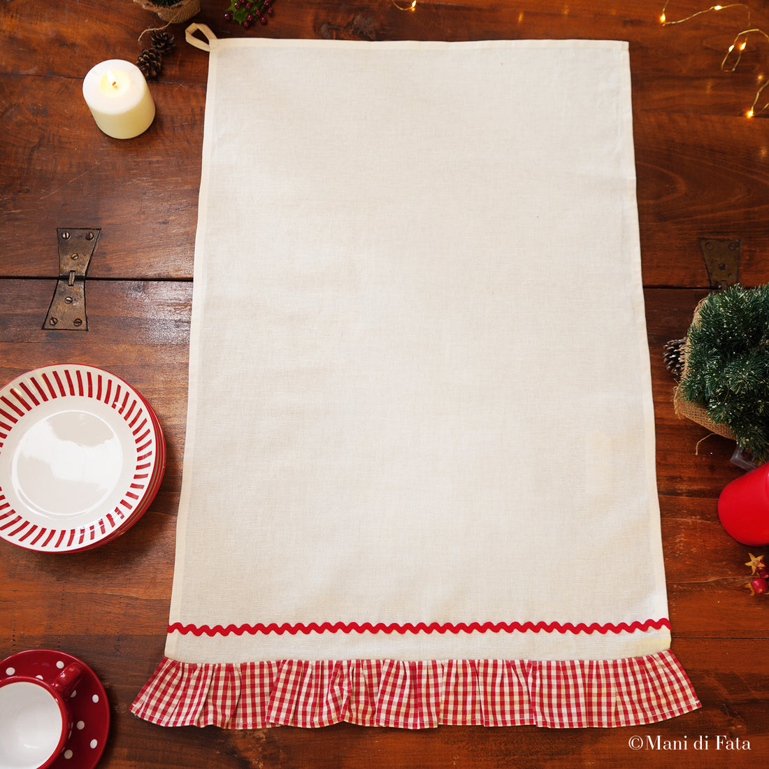 Asciugapiatti in misto lino avorio ricamo punti vari