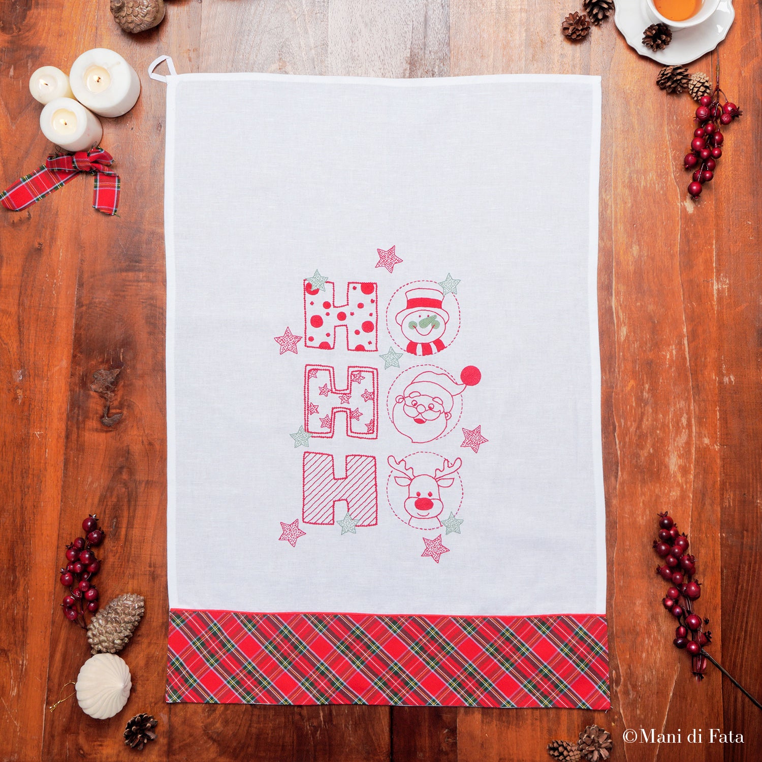 Kit asciugapiatti natalizio Ho Ho Ho ricamo a punti vari