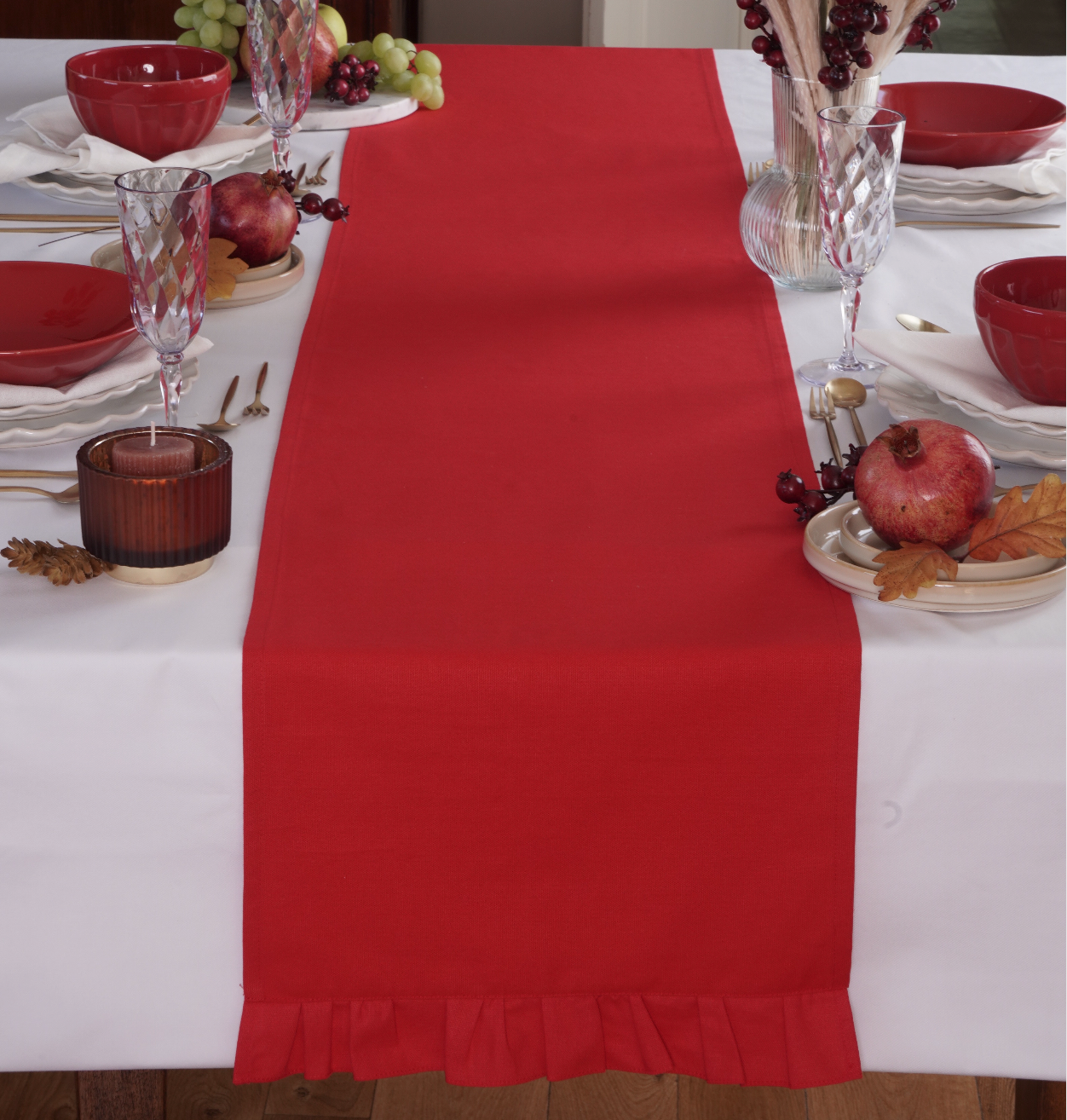 Runner lungo in cotone rosso con rouches