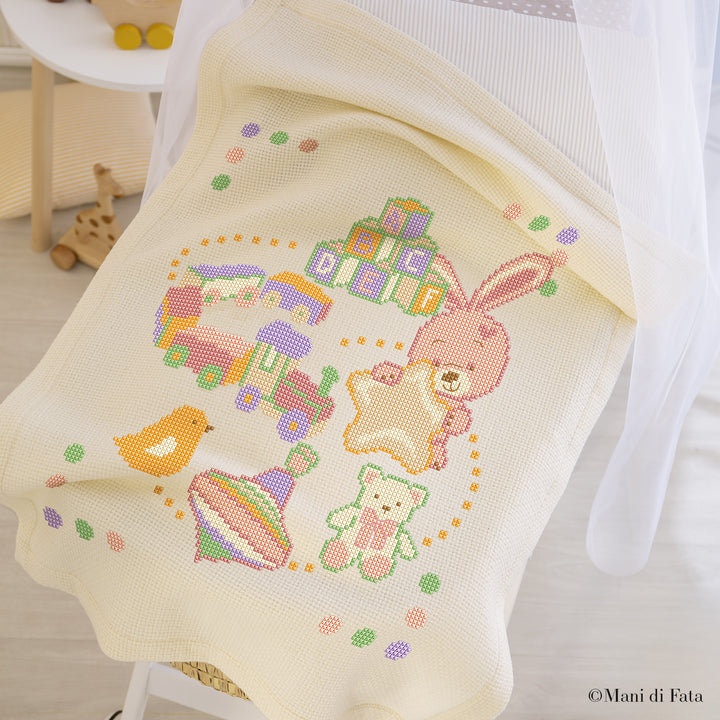 Kit copertina culla ricamo a punto croce bimba Giochi e coniglietto