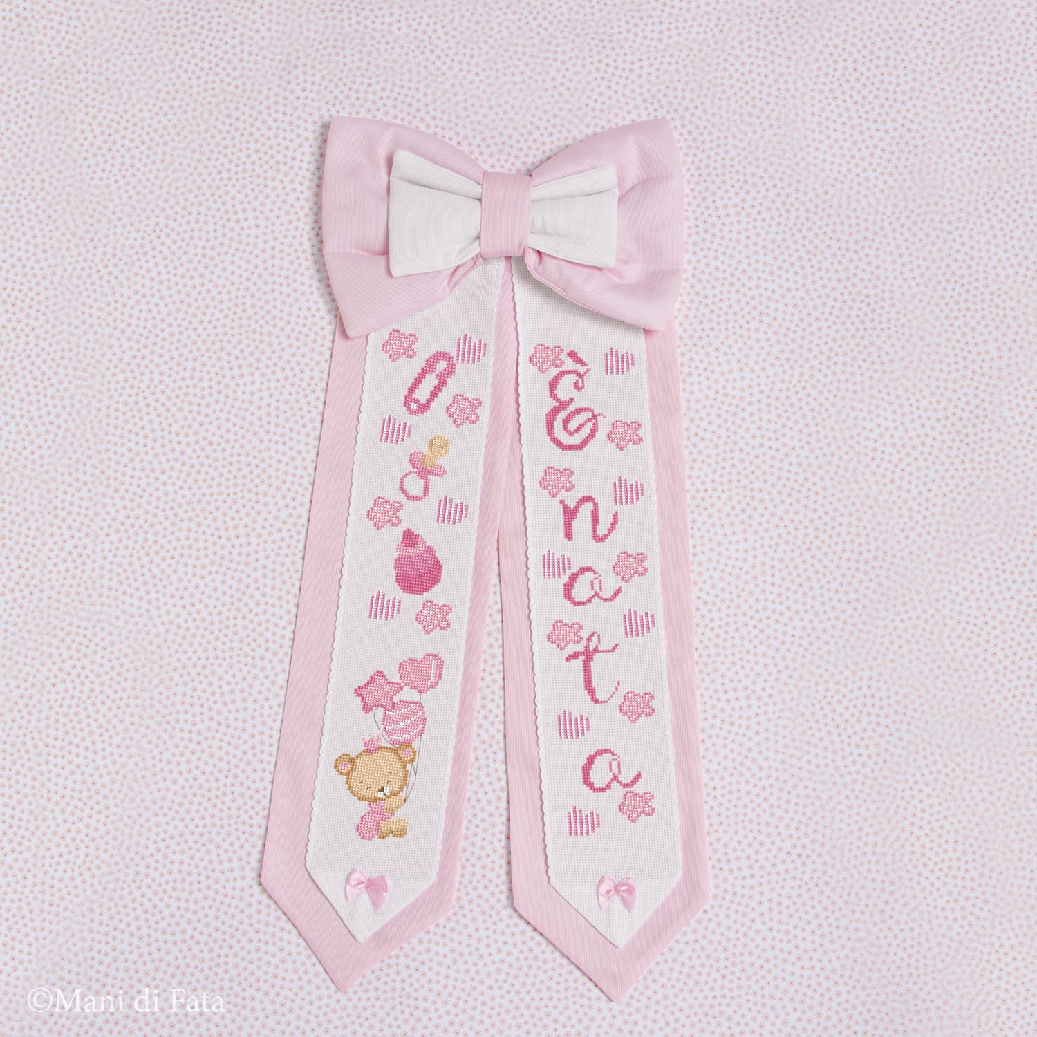 Kit punto croce fiocco nascita bimba 'Orsetto'