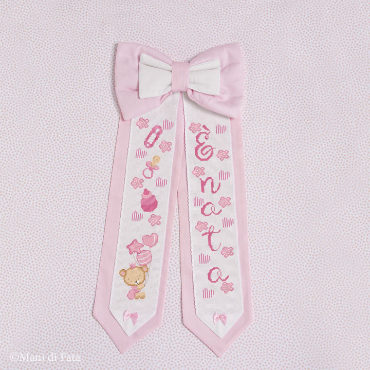 Kit punto croce fiocco nascita bimba 'Orsetto'