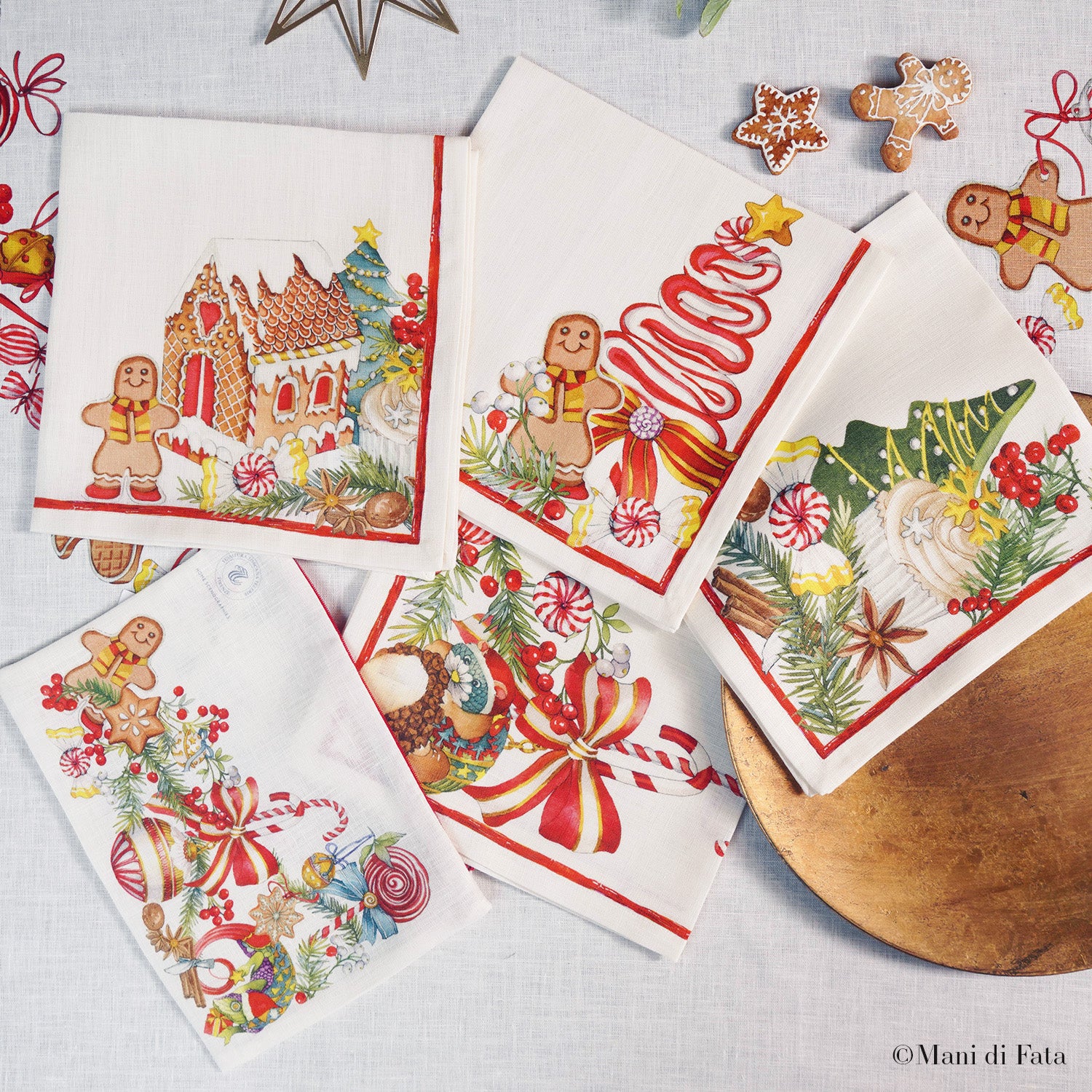 Set 4 tovaglioli in lino stampa 'Pan di zenzero'