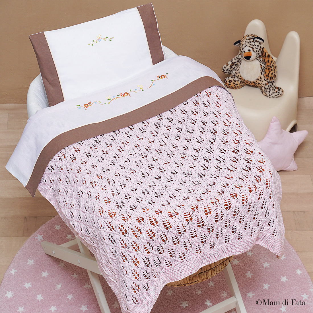 Kit copertina culla rosa a maglia Trafori Rombi