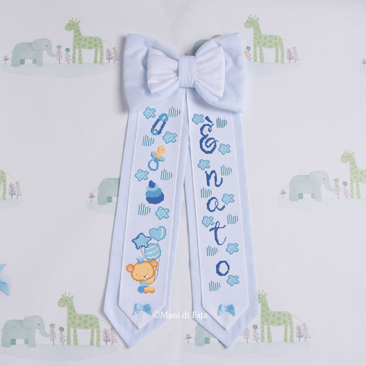 Kit punto croce fiocco nascita bimbo 'Orsetto'