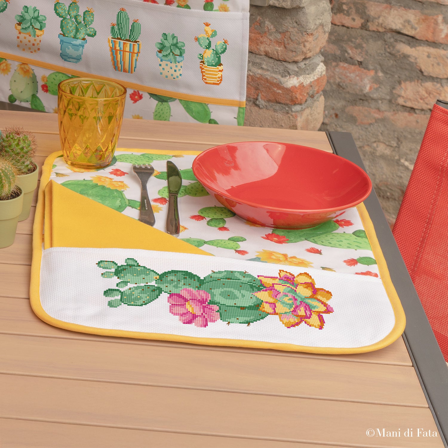 Kit americano singolo fantasia cactus da ricamare a punto croce con vasetti e cactus fioriti