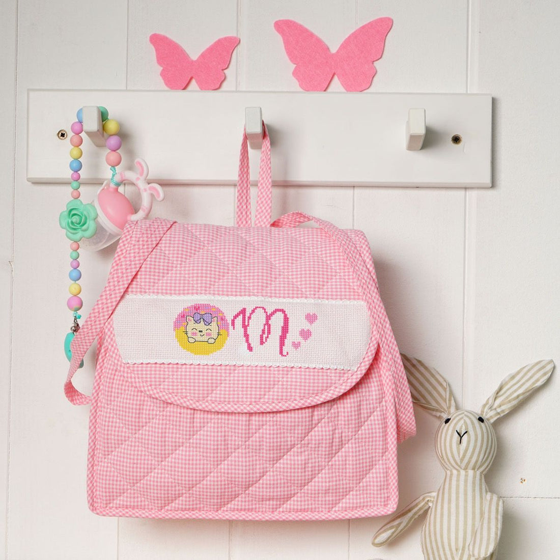 Kit zaino rosa Gattino ricamo a punto croce