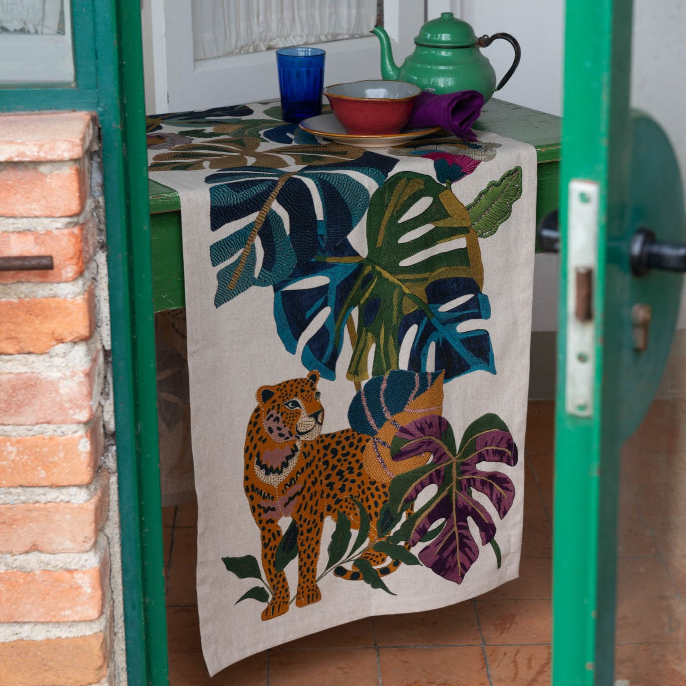 Runner in misto lino 'Giungla'