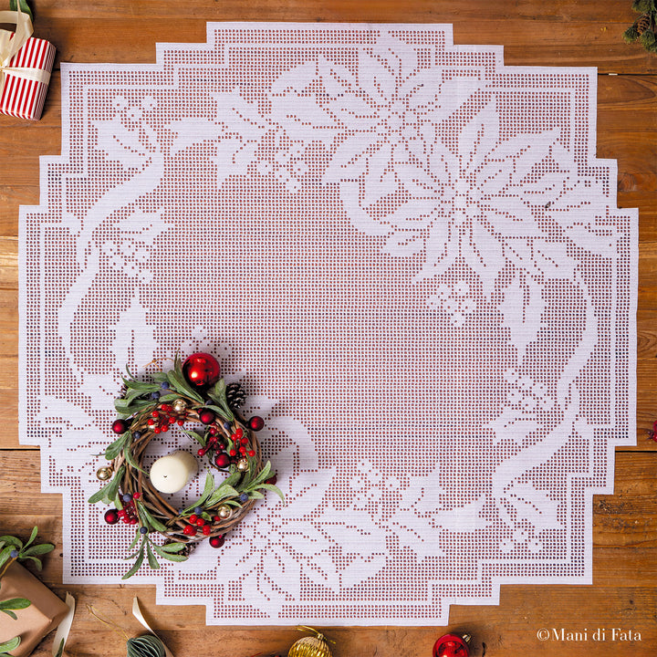 Kit centro natalizio a uncinetto filet Stelle di Natale e agrifoglio