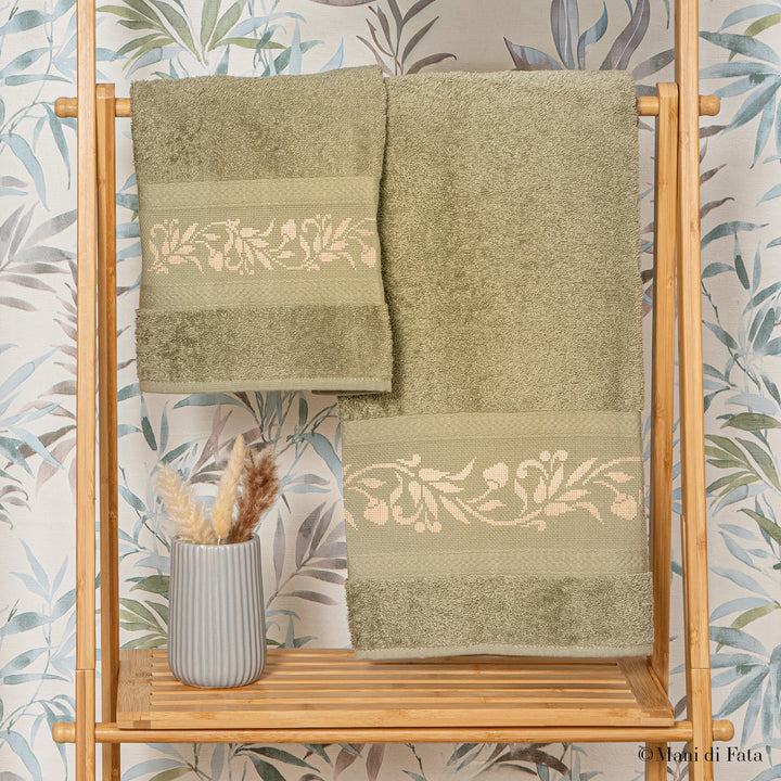 Kit parure asciugamani verde Fiori Monocolore ricamo punto croce