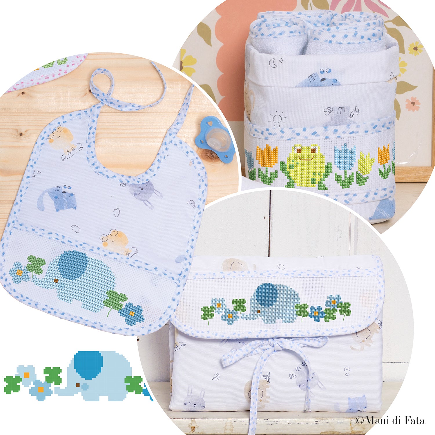 Kit busta fasciatoio, porta lavette e bavetta azzurri con animaletti da ricamare a punto croce