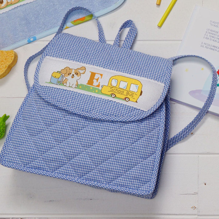 Kit zaino celeste Cagnolino ricamo a punto croce