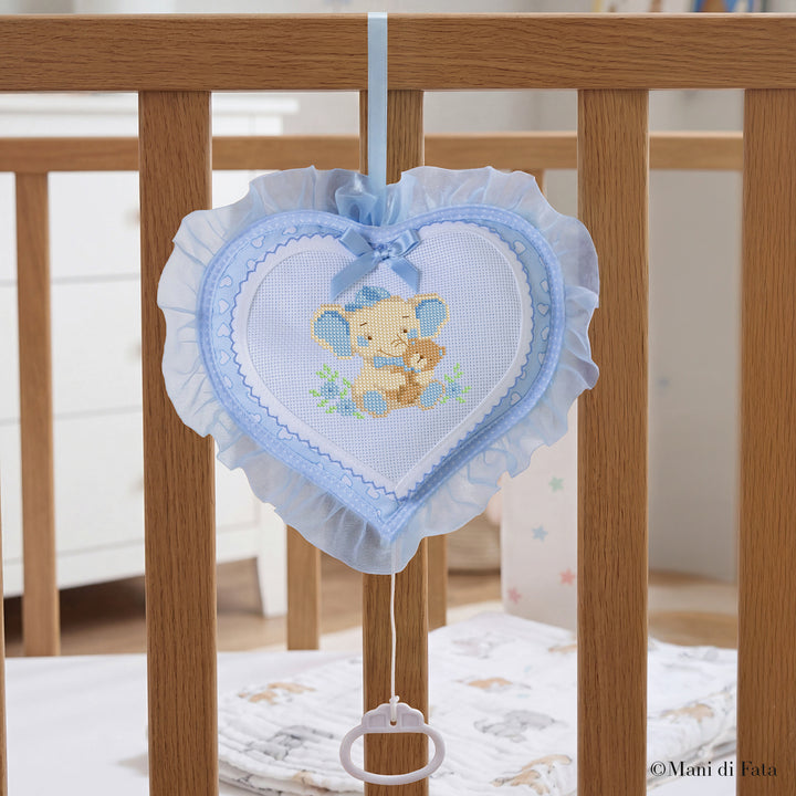 Kit fiocco carillon azzurro Elefantino e Orsetto ricamo punto croce