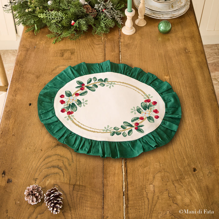 Kit sottopiatto ovale con rouches verde Ghirlanda Natalizia a punto croce