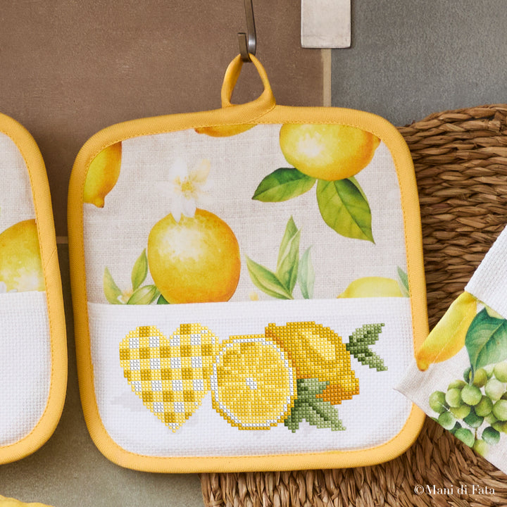 Kit presina in cotone Limoni e cuore a punto croce