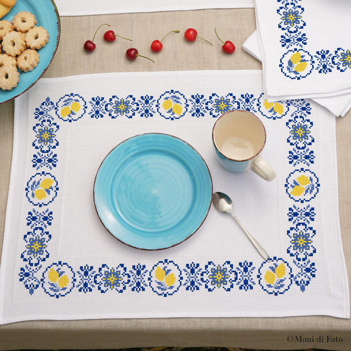 Kit americano con tovagliolo Limoni e Maioliche ricamo punto croce