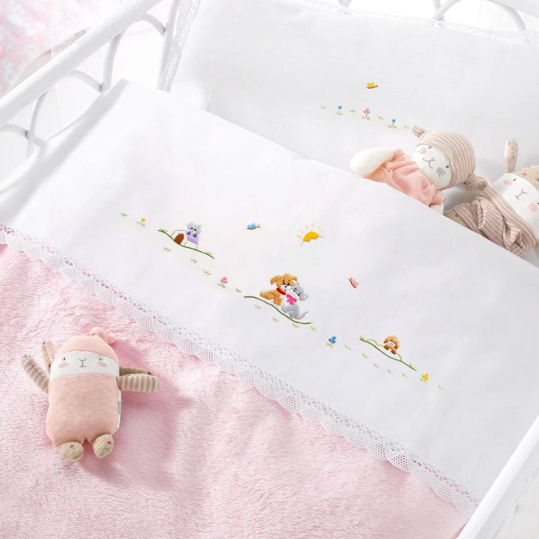 Lenzuolino culla in cotone ricamo a mano cagnolini