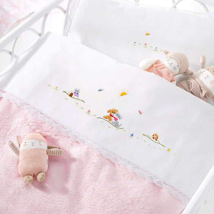 Lenzuolino culla in cotone ricamo a mano cagnolini