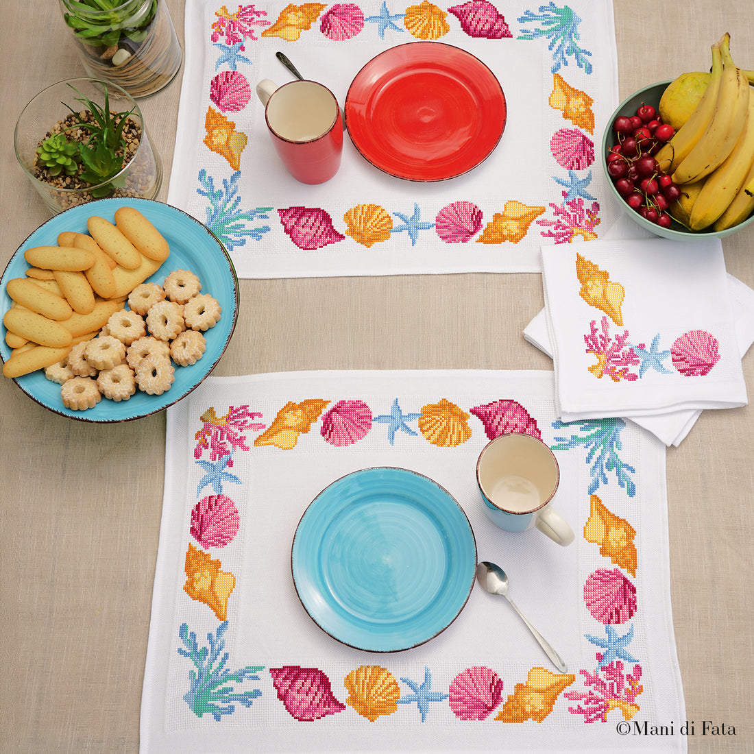 Kit 2 americani con tovaglioli Conchiglie e Coralli ricamo punto croce