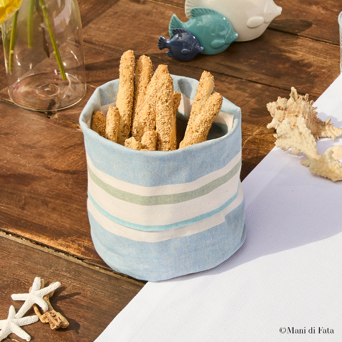 Cestino porta pane in cotone a righe blu