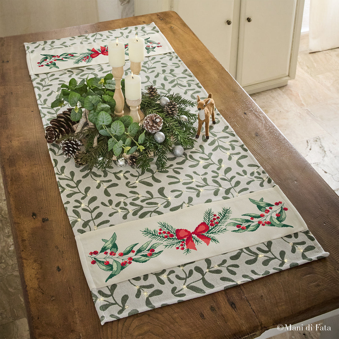 Kit runner jacquard Vischio Natalizio a punto croce