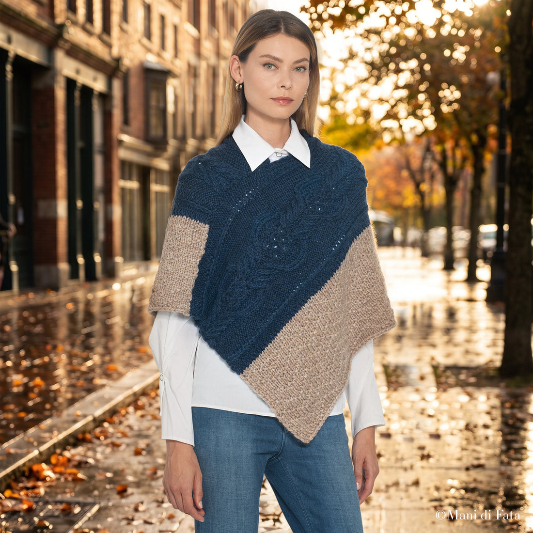 Kit pocho blu e beige con treccia a ferri circolari