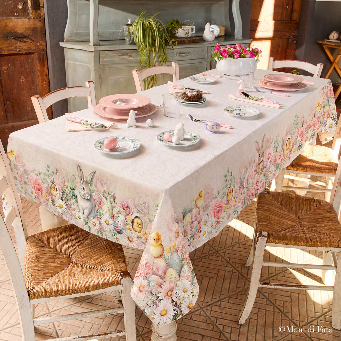 Tovaglia da 12 posti in cotone Coniglietti e Pulcini