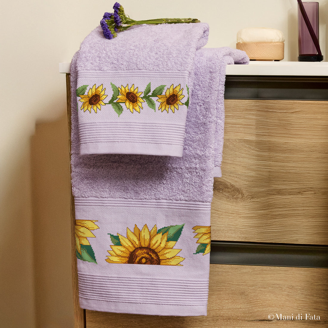 Kit parure spugna burano iris Girasoli ricamo punto croce